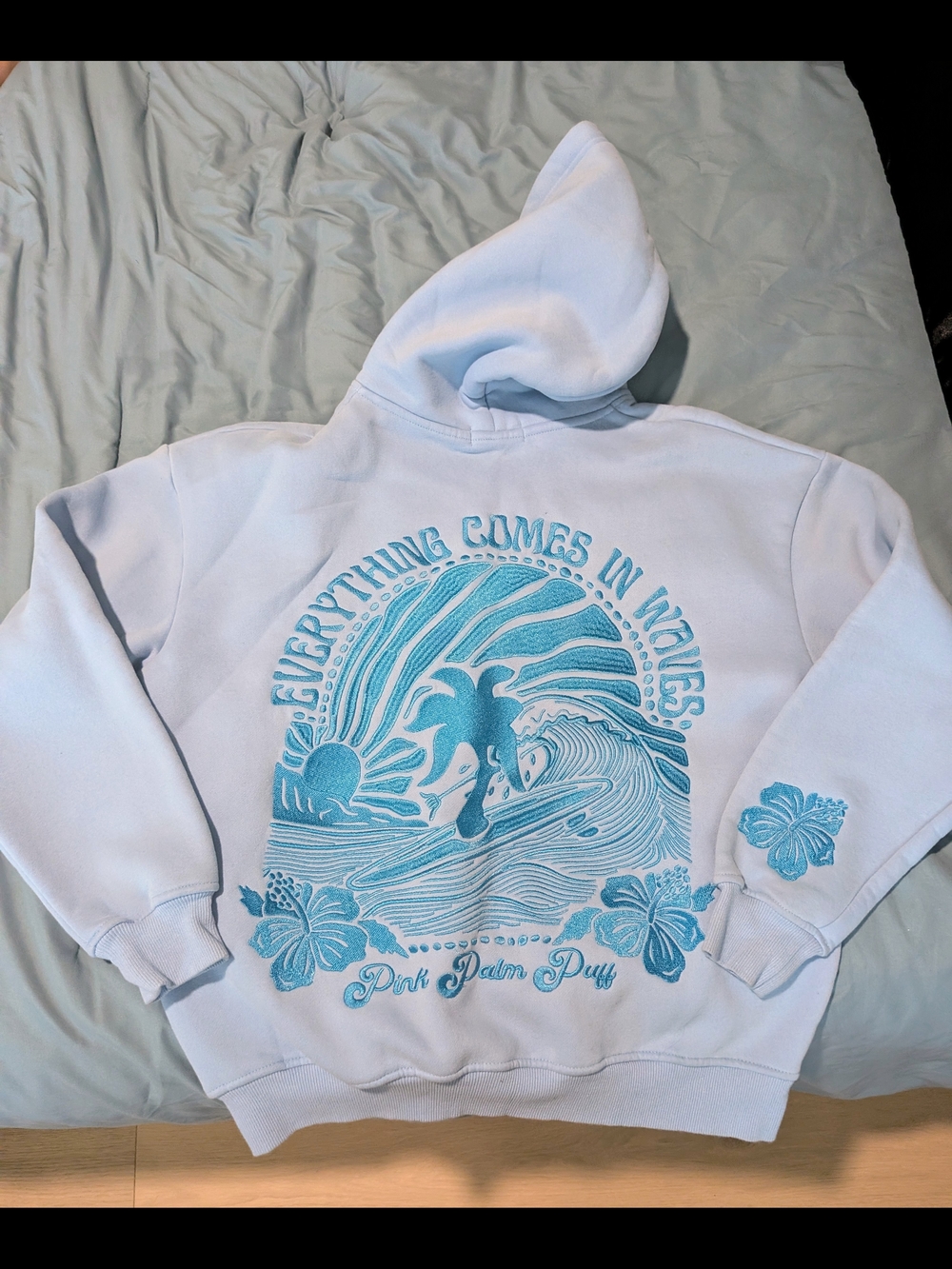 PINK Palm Puff "Everything Comes In Waves" Light Blue Graphic Hoodie